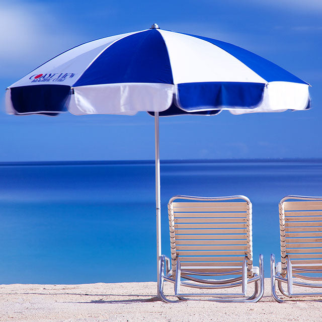 Beach umbrellas, beach chairs, beach mats